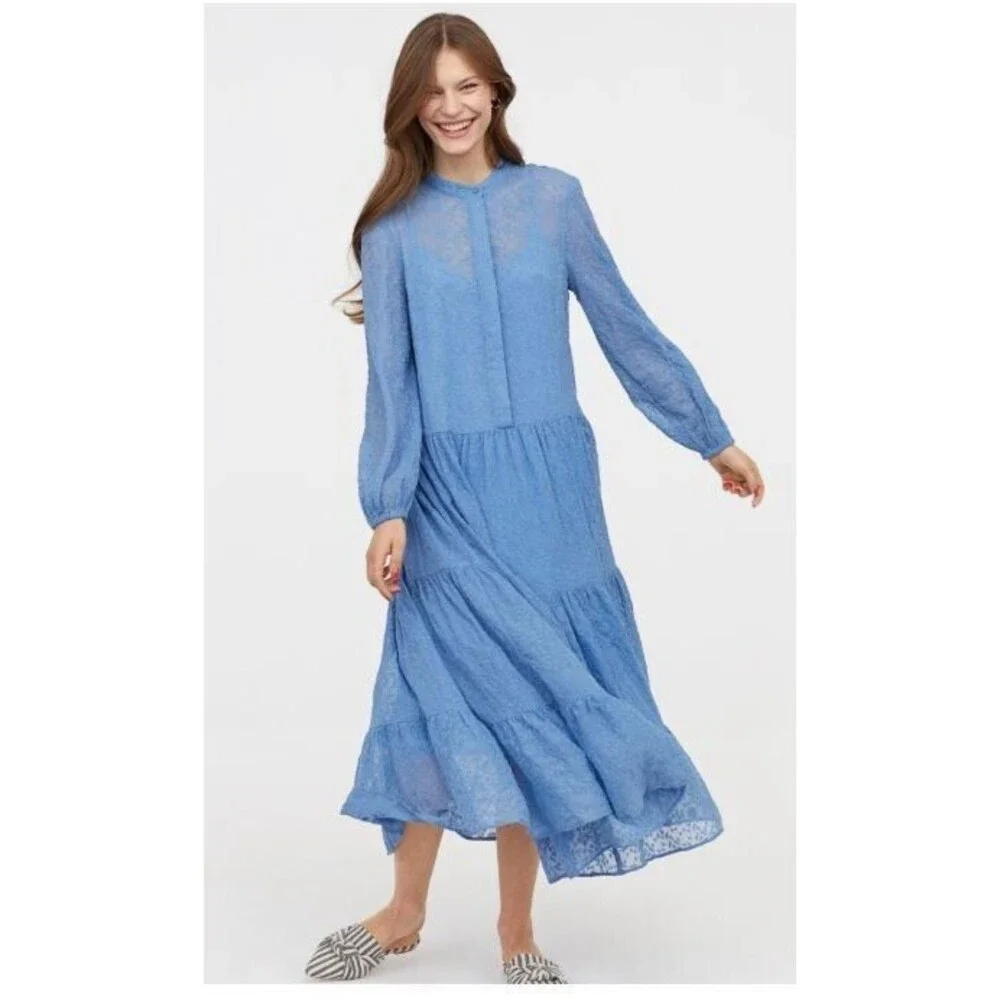 H&M Maxi Dress Blue Embroidered Tiered Cuff Sleeves Slip Lining Size 6 - Picture 1 of 8